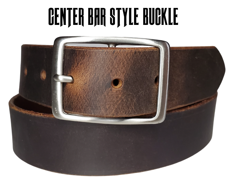 This rustic Townsend" Viejo Marron leather belt is made from Crazy Horse tanned leather for that distressed and used look. The edges are beveled and burnished left the natural color for a contrasting appearance. It has an antique nickel plated Center Bar style buckle that is snapped in place, so you can change it if you want for a totally different look. Belt is 1 1/2" wide and available in lengths from 32" to 44". It is handmade in our shop in Smyrna, TN, just outside of Nashville.