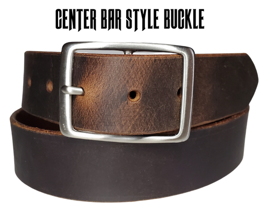 This rustic Townsend" Viejo Marron leather belt is made from Crazy Horse tanned leather for that distressed and used look. The edges are beveled and burnished left the natural color for a contrasting appearance. It has an antique nickel plated Center Bar style buckle that is snapped in place, so you can change it if you want for a totally different look. Belt is 1 1/2" wide and available in lengths from 32" to 44". It is handmade in our shop in Smyrna, TN, just outside of Nashville.