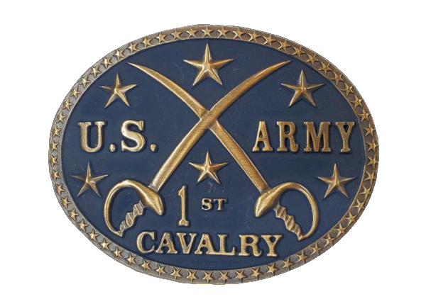 This oval belt buckle by AndWest has Antique brass design with dark blue background color. Design says US Army 1st Cavalry and pictures 2 crossed swords surrounded by 6 stars. Border of the buckle has raised stars.  Buckle measures 2 3/4" tall by 3 1/2" wide and fits belts up to 1 1/2" wide. It is available in our online shop and also in the retail shop in Smyrna, TN, just outside Nashville.  Made in Mexico.