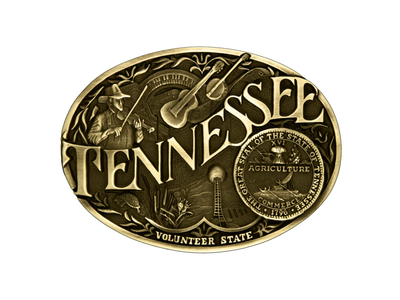 Antiqued brass colored Attitude buckle Tennessee state and symbols. Standard 1.5 belt swivel. Available online and in our shop in Smyrna, TN, just outside of Nashvillle.