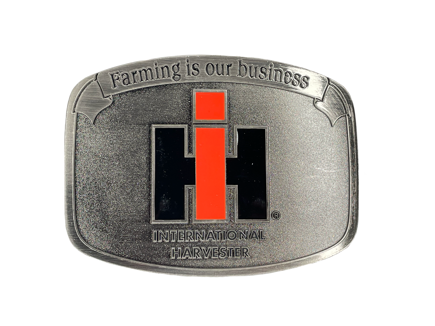 Curved Rectangle Shape Licensed International Harvester Buckle Fits 1 1/2 inch wide belts Approx. size 2 3/4"H x 3 3/4"W