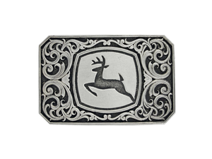 A John Deere rectangular shape with cut corners belt buckle with John Deere logo pressed into a silver center. It has a hand-painted black background and scrolls. Standard 1.5 inch belt swivel.