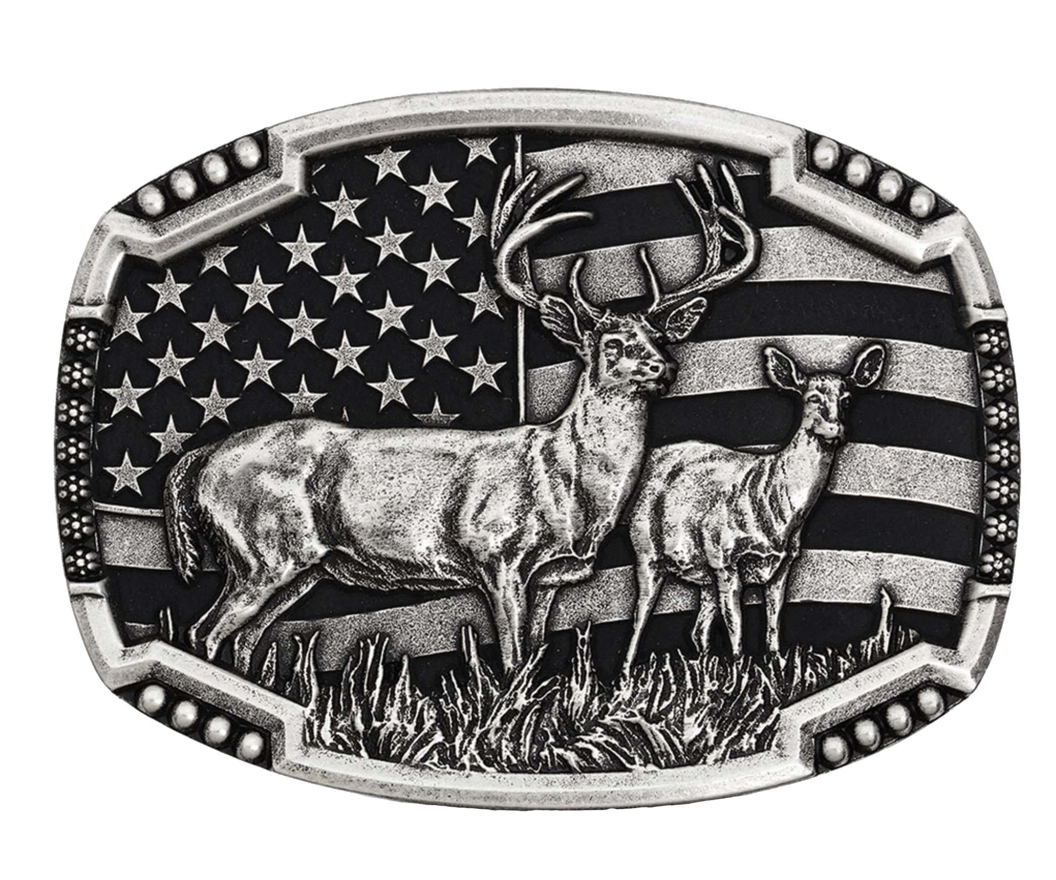 An antiqued silver tone cast buckle with a male and female pair of deer figures standing at attention in the midst of a grassy field. The stars-n-stripes serve as a patriotic backdrop to the animals. The buckle is finished with a smooth wire notched edge with the notches filled with beads. Standard 1.5 inch belt swivel.