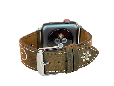 Hold your watch in place with this all leather Rhinestone watchband. Fits 42mm Apple Watches. Available online or at our shop just outside Nashville in Smyrna, TN.   Made in USA 1" wide Fits 42mm Apple Watch Brown