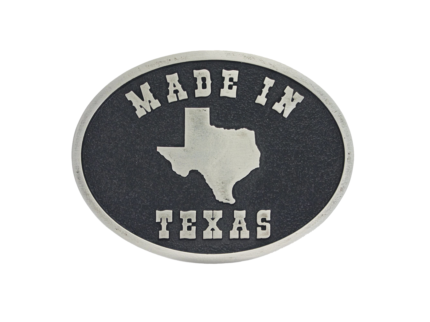 A silver toned oval buckle with deep black painted lettering "MADE IN TEXAS" across the top and bottom with a center design in the shape of Texas state. Standard 1/5 inch belt swivel. Available online and at our shop just outside Nashville in Smyrna, TN.