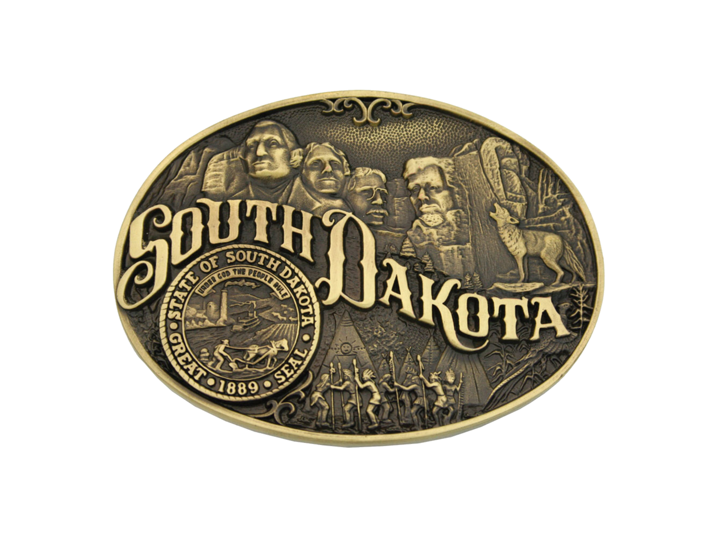 Small, oval cast brass Attitude belt buckle with polished wire trim. Large lettering spelling out South Dakota stretches boldly across, surrounded by a set of antiqued figures in celebration of South Dakota heritage including Mount Rushmore, Native American dancers and the state seal. Buckles are acid washed to add the dark antiqued patina and hand buffed to bring out the highlights and details.  Standard 1.5" belt swivel. Available online and in our shop in Smyrna, TN, just outside of Nashville.