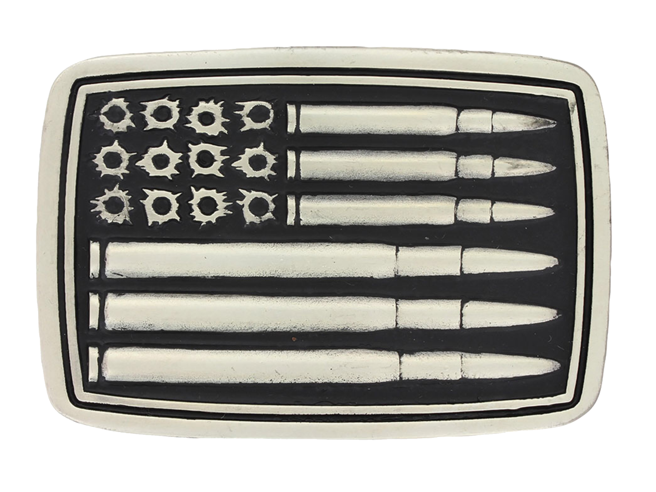 A deeply antiqued silver tone rectangular Attitude buckle with a overall flag design but instead of stars and stripes there are bullet holes and bullets. Standard 1.5 inch belt swivel. Available online and at our shop just outside Nashville in Smyrna, TN.