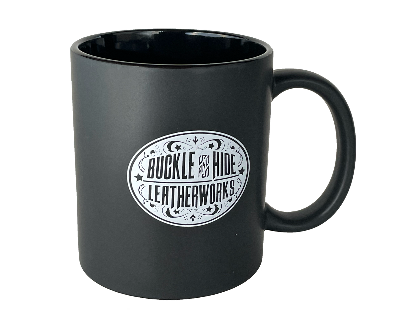 Enjoy your favorite coffee in this Matte Black Buckle and Hide coffee mug! Matte Black ceramic coffee mug with white Buckle and Hide Oval logo.  Available online or in our shop just outside Nashville in Smyrna, TN. 