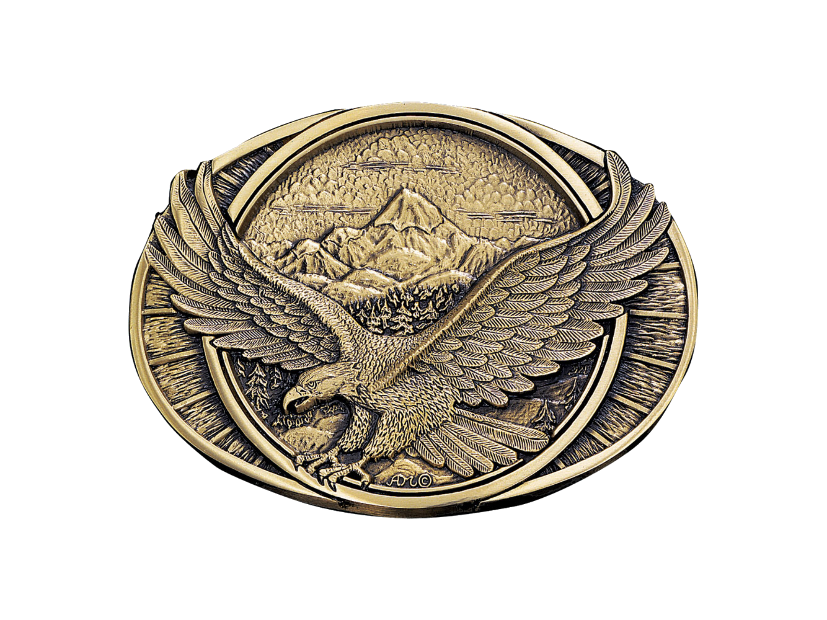 Antiqued brass colored oval Attitude buckle with a soaring eagle and mountain design. Standard 1.5 belt swivel. Available online and at our shop just outside Nashville in Smyrna, TN.