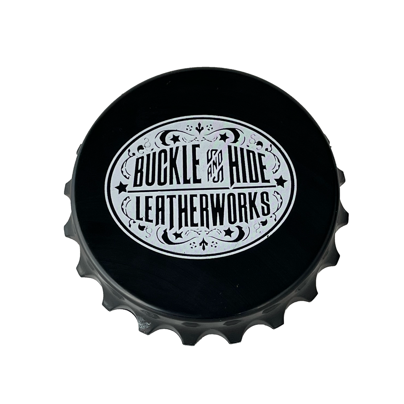 Black "Bottle Cap shaped" Magnetic bottle opener with white Buckle and Hide Oval logo. Available online or in our shop just outside Nashville in Smyrna, TN.
