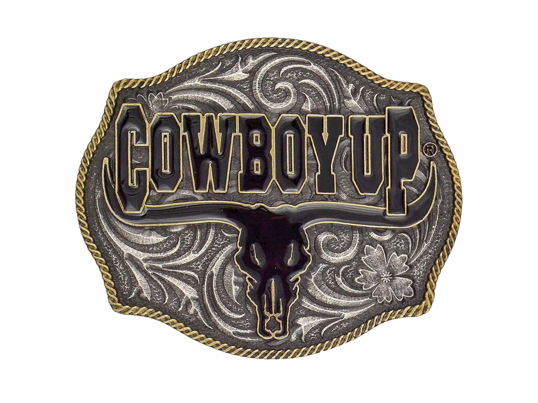 Heavily antiqued two tone Cowboy Up Attitude buckle with painted black longhorn steer under phrase. Standard 1.5 belt swivel Available at our shop just outside Nashville in Smyrna, TN.