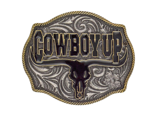 Heavily antiqued two tone Cowboy Up Attitude buckle with painted black longhorn steer under phrase. Standard 1.5 belt swivel Available at our shop just outside Nashville in Smyrna, TN.