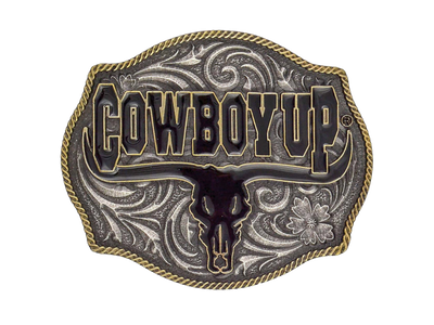 Heavily antiqued two tone Cowboy Up Attitude buckle with painted black longhorn steer under phrase. Standard 1.5 belt swivel Available at our shop just outside Nashville in Smyrna, TN.