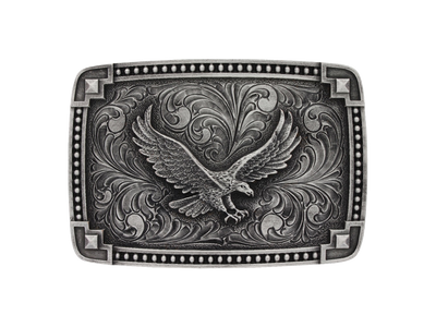 Antiqued silver finished rounded rectangular Attitude buckle with pinpoint edging and geometric corners. Soaring eagle figure. Standard 1.5 inch belt swivel. Available online and at our shop just outside Nashville in Smyrna, TN.