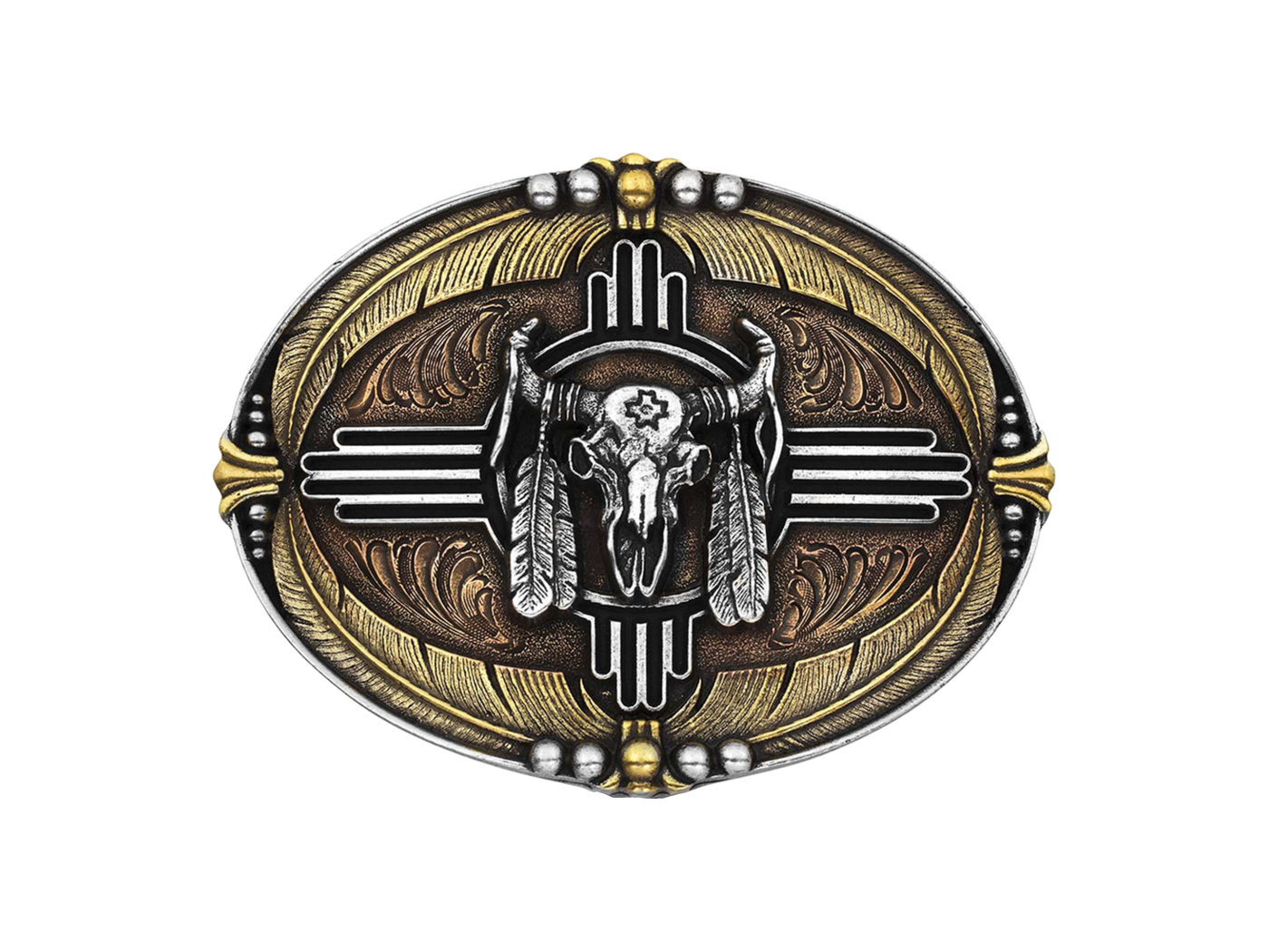 A tri-colored Southwestern cast Attitude buckle has an intricate design with an antiqued silver toned center ceremonial buffalo skull with four radiating lines flowing out at each of the directional points with rose gold toned filigree filling out the corners. Two antiqued gold tone feathers flow out on either side from the top middle and bottom middle with a set of five silver toned beads on the top and bottom. Standard 1.5 inch belt swivel. Available at our shop just outside Nashville in Smyrna, TN.
