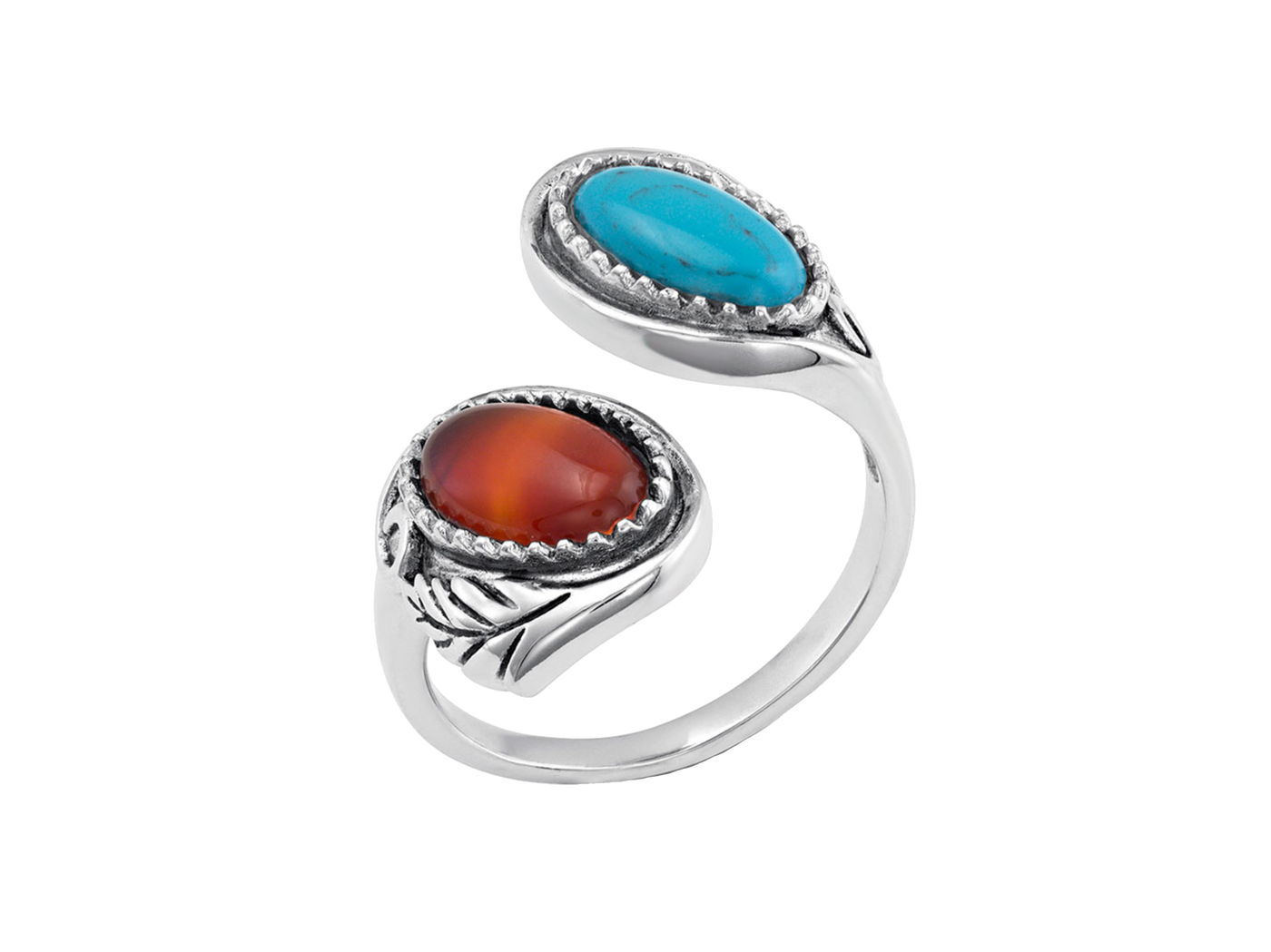 This Montana Silversmiths' wrap around, sterling silver ring contains both a light red stone, for the Earth, sitting atop a light blue turquoise stone, for the sky. Our "Earth and Sky Adjustable Ring" is a reminder to stay grounded and shoot for the stars. One size fits most.