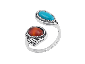 This Montana Silversmiths' wrap around, sterling silver ring contains both a light red stone, for the Earth, sitting atop a light blue turquoise stone, for the sky. Our "Earth and Sky Adjustable Ring" is a reminder to stay grounded and shoot for the stars. One size fits most.