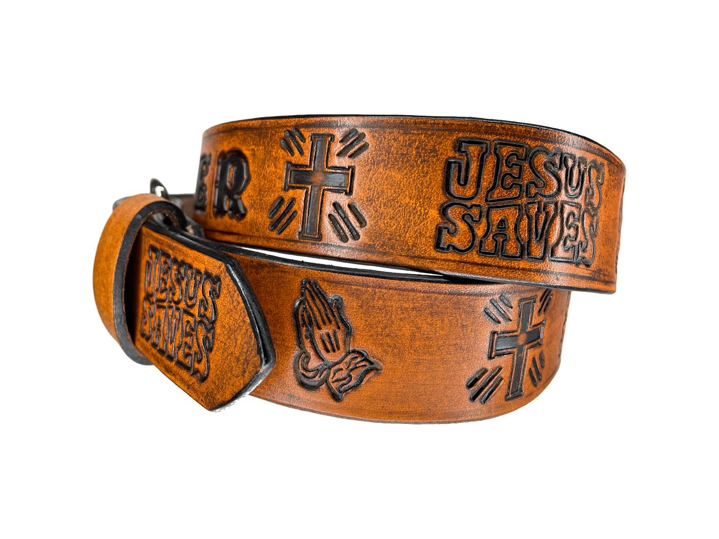 This solid strip of Veg Tan cowhide, is hand stained in 3 brown options, with smooth, finished edges. Embossed with JESUS SAVES as Paul says in God's WORD! Crosses, Praying hands and Jesus Saves runs down length of belt, or have name added to scene up to 8 letters. Belt thickness is approx. 1/8", and 1 1/2" wide. Sizes available are 34" to 44" from buckle end to hole most worn. Attached with 2 snaps is a Brushed Nickel plated solid brass buckle. 