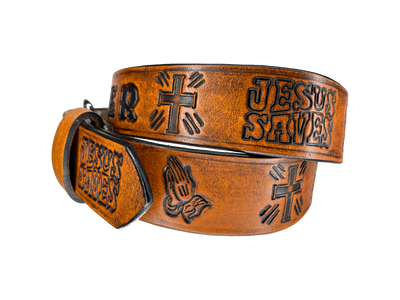 This solid strip of Veg Tan cowhide, is hand stained in 3 brown options, with smooth, finished edges. Embossed with JESUS SAVES as Paul says in God's WORD! Crosses, Praying hands and Jesus Saves runs down length of belt, or have name added to scene up to 8 letters. Belt thickness is approx. 1/8", and 1 1/2" wide. Sizes available are 34" to 44" from buckle end to hole most worn. Attached with 2 snaps is a Brushed Nickel plated solid brass buckle. 