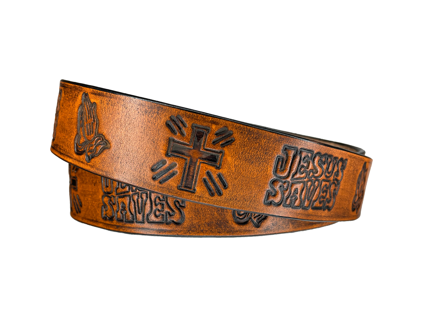 This solid strip of Veg Tan cowhide, is hand stained in 3 brown options, with smooth, finished edges. Embossed with JESUS SAVES as Paul says in God's WORD! Crosses, Praying hands and Jesus Saves runs down length of belt, or have name added to scene up to 8 letters. Belt thickness is approx. 1/8", and 1 1/2" wide. Sizes available are 34" to 44" from buckle end to hole most worn. Attached with 2 snaps is a Brushed Nickel plated solid brass buckle. 