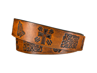 This solid strip of Veg Tan cowhide, is hand stained in 3 brown options, with smooth, finished edges. Embossed with JESUS SAVES as Paul says in God's WORD! Crosses, Praying hands and Jesus Saves runs down length of belt, or have name added to scene up to 8 letters. Belt thickness is approx. 1/8", and 1 1/2" wide. Sizes available are 34" to 44" from buckle end to hole most worn. Attached with 2 snaps is a Brushed Nickel plated solid brass buckle. 
