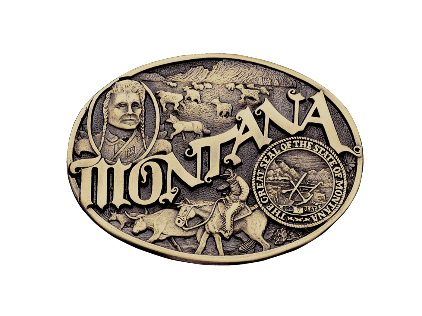 Antiqued brass colored Attitude buckle Montana state and symbols. Standard 1.5 belt swivel.