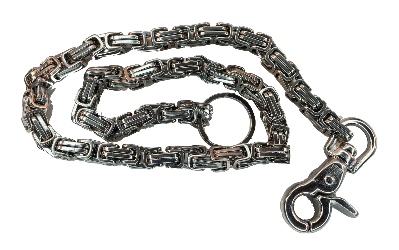 Upgrade your wallet with this Byzantine style, Stainless Steel, Heavy Duty wallet chain. The sturdy keychain on one end attaches to your wallet, while the clasp on the other end attaches to YOU! The stainless steel will not peel nor turn color. Available online or in our shop just outside Nashville in Smyrna, TN. Dimensions: 1/2" squared, 25" in length, about 13 oz in weight, clasp style may vary.