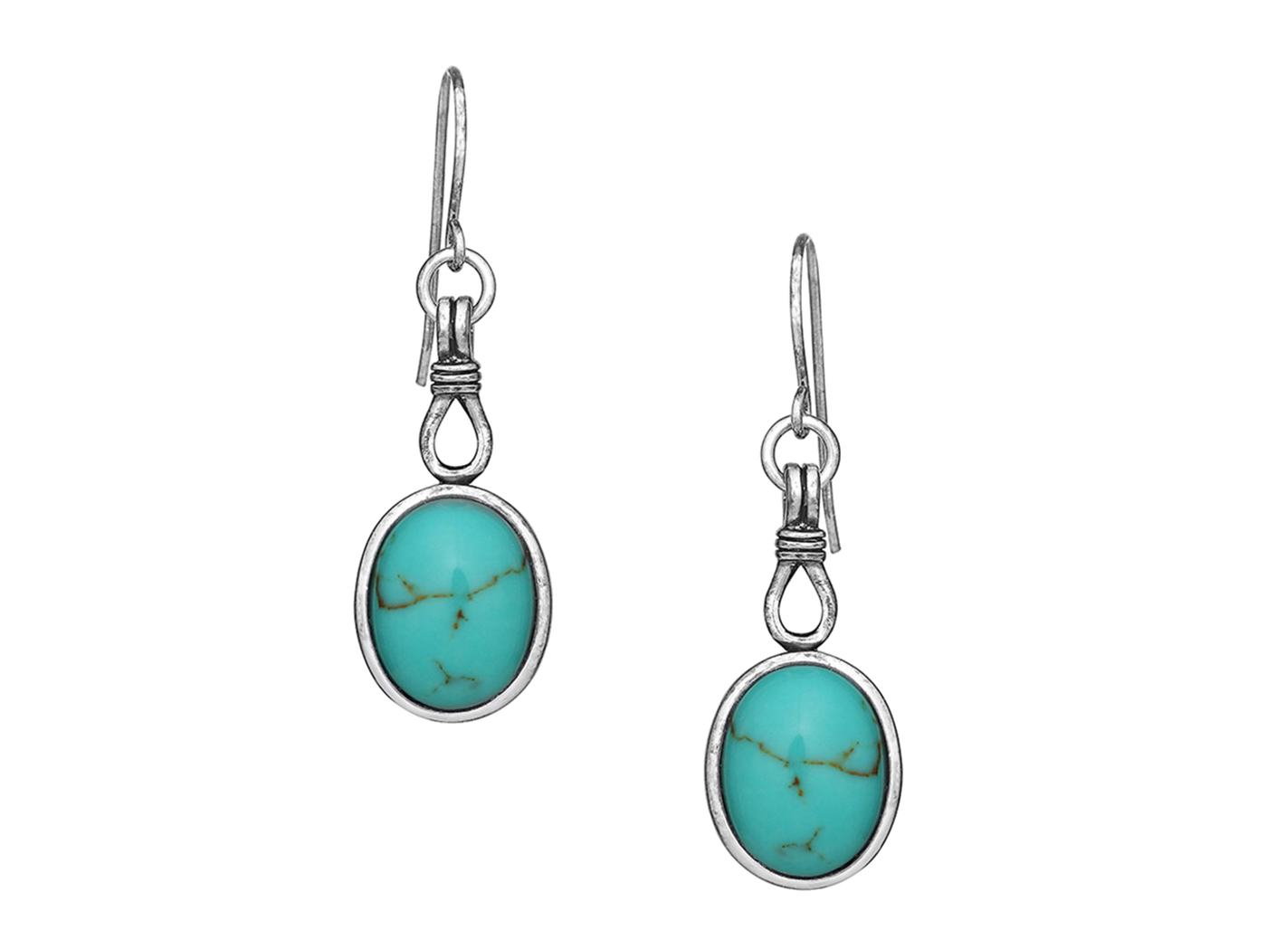 Turquoise oval earrings that are held together with a silver rope detail. They dangle from your ear on hypoallergenic French stainless steel hooks. Rhodium over a brass base. Stainless steel French wires. Turquoise. Available online or at our shop just outside Nashville in Smyrna, TN. 