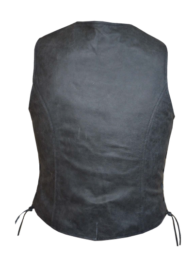 Black leather side laced motorcycle riding vest.  Made from lighter weight Lambskin and contains conceal carry pockets on front insides. It has a 3 panel pack and snap front closure. It has a v-neck opening and a V-slot on the lower back for a better fit. Available for purchase in our leather shop in Smyrna, TN, near Nashville.  Available in sizes small to 5x. Our Most basic Vest Lighter weight cowhide Includes Carry conceal pockets on Right and Left sides Side lace for size adjustment 3 panel back