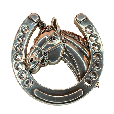 Nocona horse head and horseshoe buckle Dimensions are 2 3/4" tall by 4" wide Has horse head pictured in center of buckle surrounded by a horseshoe behind it. Nocona horse head and horseshoe buckle Dimensions are 2 3/4" tall by 3" wide Has horse head pictured in center of buckle surrounded by a horseshoe behind it. 