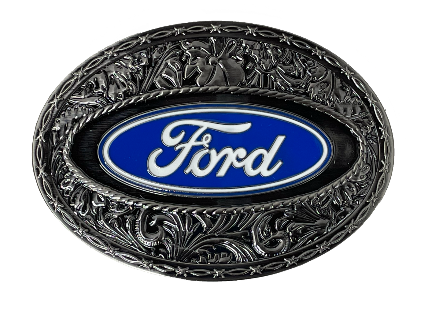 Western Ford Logo Buckle features a western oval buckle with blue enamel background with white enamel trim and "Ford" in white enamel script. Fits belts up to 1-3/4" wide Available at our shop just outside Nashville in Smyrna, TN.