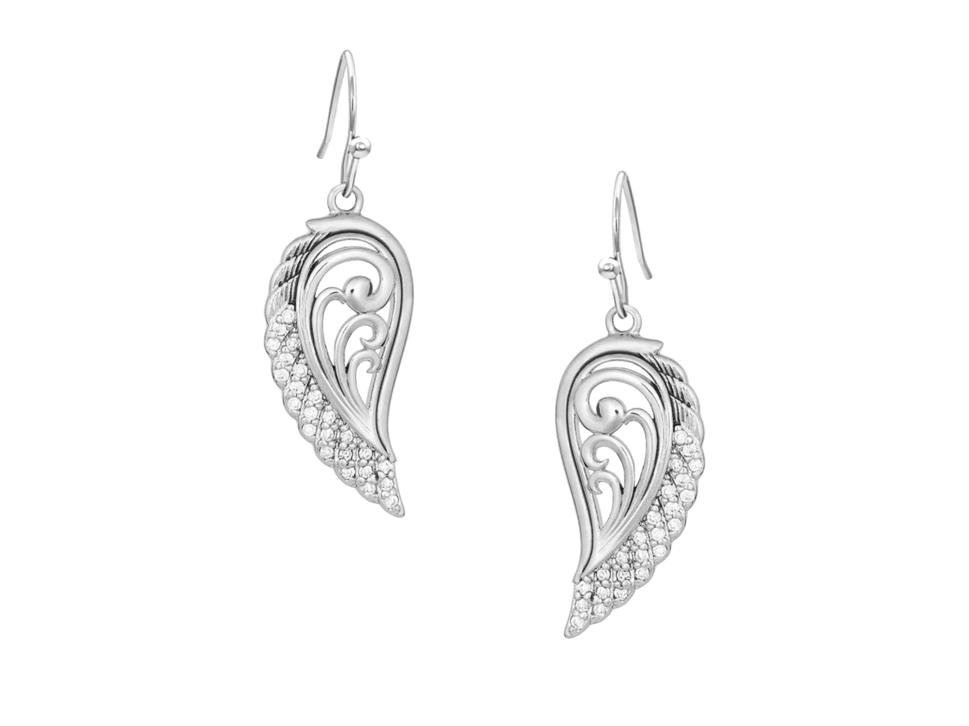 A set of silver tone open filigree wings has a line of small circular clear stones running along the outer edge. Earrings are on French hooks. Rhodium plated over a brass base. Hypoallergenic French hooks. Cubic zirconia. Montana Armor protective finish to prevent tarnish. Available online or at our shop just outside Nashville in Smyrna, TN.