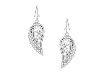 A set of silver tone open filigree wings has a line of small circular clear stones running along the outer edge. Earrings are on French hooks. Rhodium plated over a brass base. Hypoallergenic French hooks. Cubic zirconia. Montana Armor protective finish to prevent tarnish. Available online or at our shop just outside Nashville in Smyrna, TN.