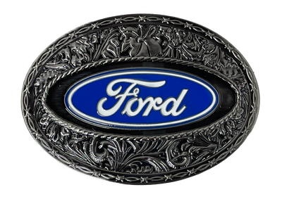 Western Ford Logo Buckle features a western oval buckle with blue enamel background with white enamel trim and "Ford" in white enamel script. Fits belts up to 1-3/4" wide Available at our shop just outside Nashville in Smyrna, TN.