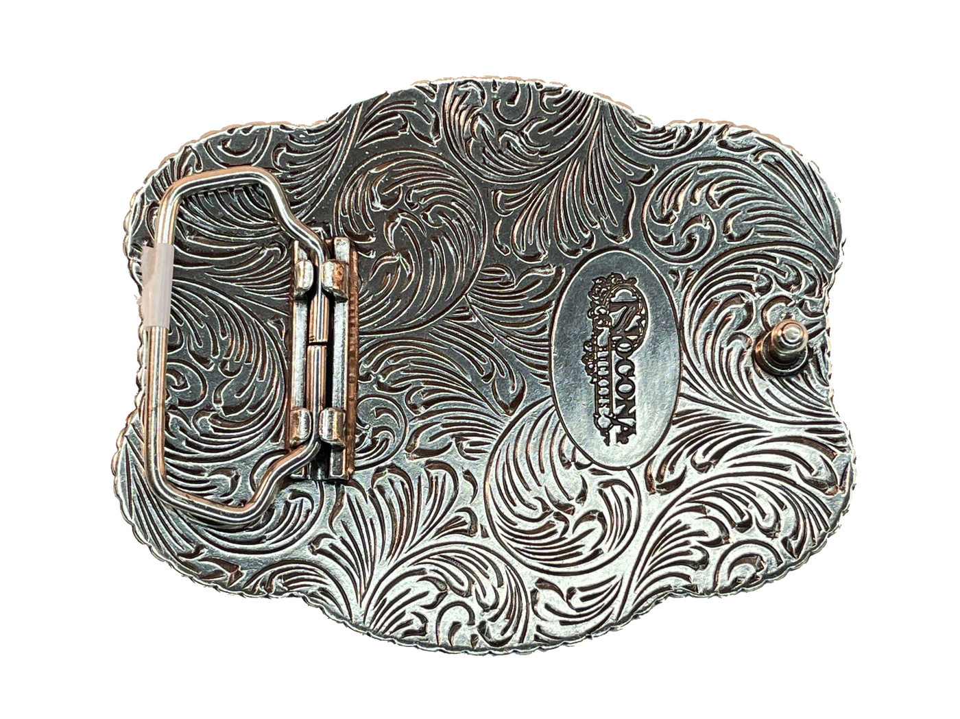 Nocona Indian Chief Skull belt buckle Rectangle shaped buckle with a stylish smooth edge. It features a centered Indian chief skull with headdress and feather motif surrounded by western scroll engraving. Copper and brass colors throughout. Measures 3-1/2" wide x 2-1/2" tall Fits belts up to 1 1/2" wide Available online or in our shop in Smyrna, TN just outside Nashville Add an authentic western look to your favorite belt.