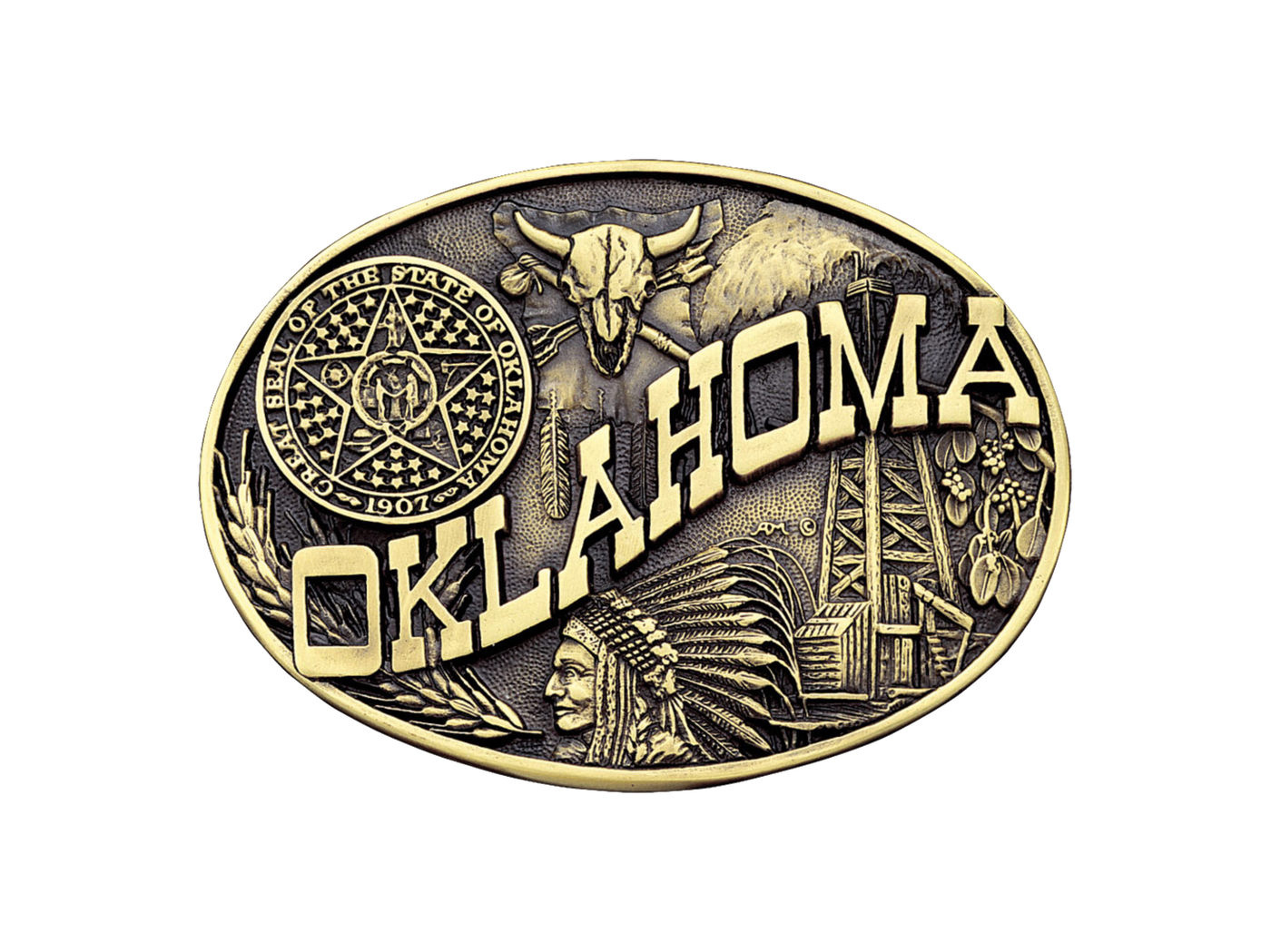 Antiqued brass colored Attitude buckle Oklahoma state and symbols. Standard 1.5 belt swivel. Available online and at our shop in Smyrna, TN, just outside of Nashville.