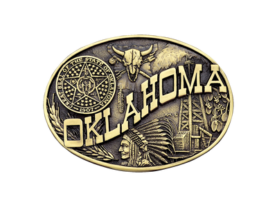 Antiqued brass colored Attitude buckle Oklahoma state and symbols. Standard 1.5 belt swivel. Available online and at our shop in Smyrna, TN, just outside of Nashville.