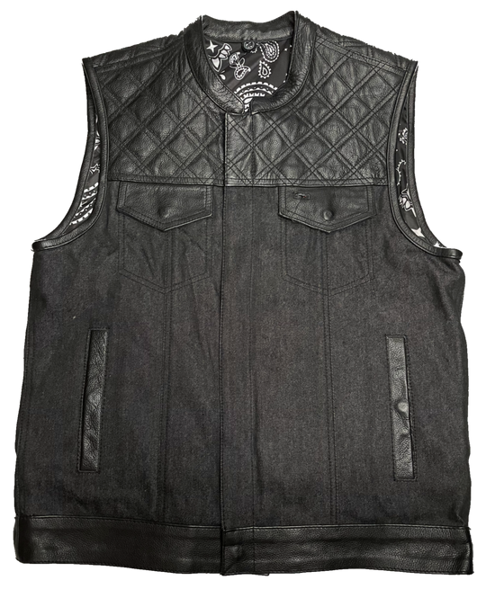 The Club Diamond premium black leather/denim club style vest with Black DIAMOND STITCHING front and back Leather shoulder panels. The lining is Black and White paisley pattern with a black denim lower half. It has a tab style collar, front snap/zippered closure. It has inside conceal carry pockets, front chest pockets and lower front side pockets. Available in our Smyrna, TN shop just outside of Nashville. Sizes available from small to 6x.