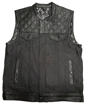 Premium black leather/denim club style vest with DIAMOND STITCHING. The lining is black paisley pattern. Vest is made from premium naked cowhide leather and denim. It has a tab style collar and front snap closure. It has a solid panel back.  Available for purchase in our shop in Smyrna, TN outside of Nashville. 