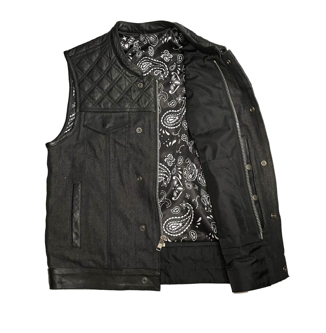 The Club Diamond premium black leather/denim club style vest with Black DIAMOND STITCHING front and back Leather shoulder panels. The lining is Black and White paisley pattern with a black denim lower half. It has a tab style collar, front snap/zippered closure. It has inside conceal carry pockets, front chest pockets and lower front side pockets. Available in our Smyrna, TN shop just outside of Nashville. Sizes available from small to 6x.