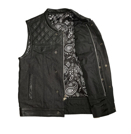The Club Diamond premium black leather/denim club style vest with Black DIAMOND STITCHING front and back Leather shoulder panels. The lining is Black and White paisley pattern with a black denim lower half. It has a tab style collar, front snap/zippered closure. It has inside conceal carry pockets, front chest pockets and lower front side pockets. Available in our Smyrna, TN shop just outside of Nashville. Sizes available from small to 6x.