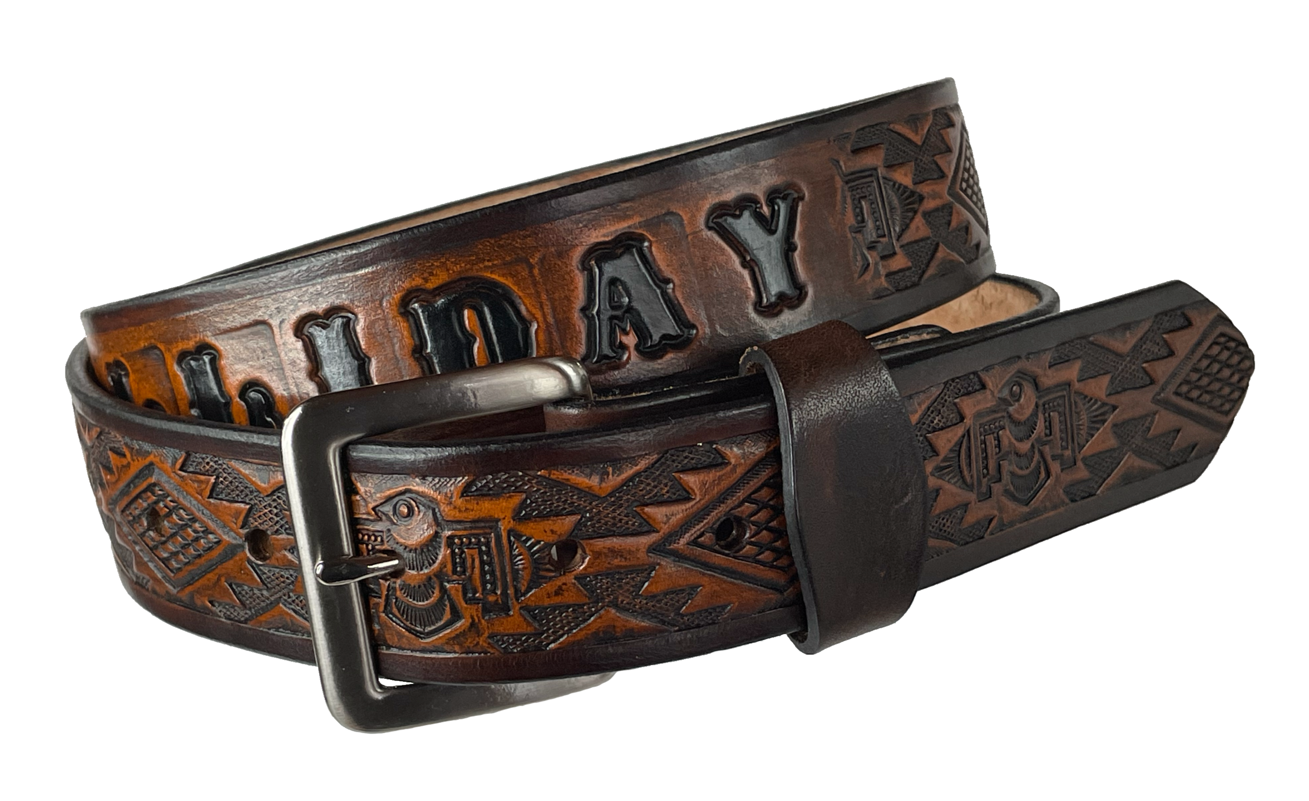The Holliday has a Southwestern-style embossing on its full-grain American veggie-tanned cowhide belt approx. 1/8" thick and 1 1/2" wide. It comes with an antique, nickle-plated solid brass buckle, hand-finished in four fun color options with smooth, burnished painted edges. You can opt for it to have your name embossed on it -or- go wild and let the design cover the whole length of the belt. Made In our Smyrna TN shop just outside Nashville.