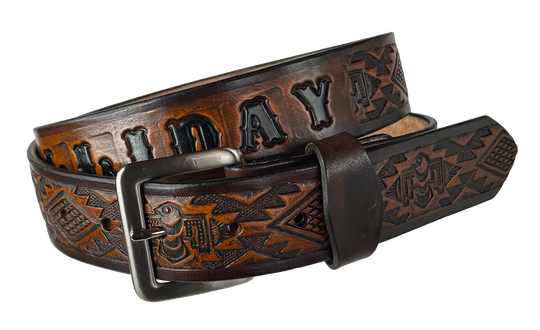 The Holliday has a Southwestern-style embossing on its full-grain American veggie-tanned cowhide belt approx. 1/8" thick and 1 1/2" wide. It comes with an antique, nickle-plated solid brass buckle, hand-finished in four fun color options with smooth, burnished painted edges. You can opt for it to have your name embossed on it -or- go wild and let the design cover the whole length of the belt. Made In our Smyrna TN shop just outside Nashville.