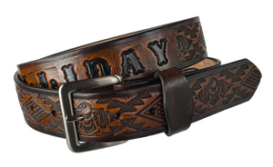 The Holliday has a Southwestern-style embossing on its full-grain American veggie-tanned cowhide belt approx. 1/8" thick and 1 1/2" wide. It comes with an antique, nickle-plated solid brass buckle, hand-finished in four fun color options with smooth, burnished painted edges. You can opt for it to have your name embossed on it -or- go wild and let the design cover the whole length of the belt. Made In our Smyrna TN shop just outside Nashville.