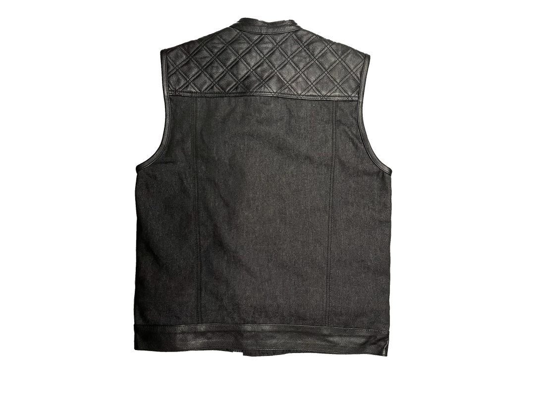 The Club Diamond premium black leather/denim club style vest with Black DIAMOND STITCHING front and back Leather shoulder panels. The lining is Black and White paisley pattern with a black denim lower half. It has a tab style collar, front snap/zippered closure. It has inside conceal carry pockets, front chest pockets and lower front side pockets. Available in our Smyrna, TN shop just outside of Nashville. Sizes available from small to 6x.