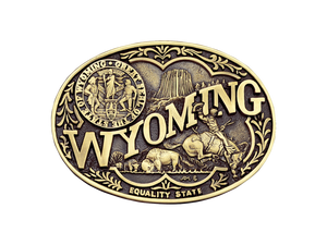 Antiqued brass colored Attitude buckle Wyoming state and symbols. Standard 1.5 belt swivel.