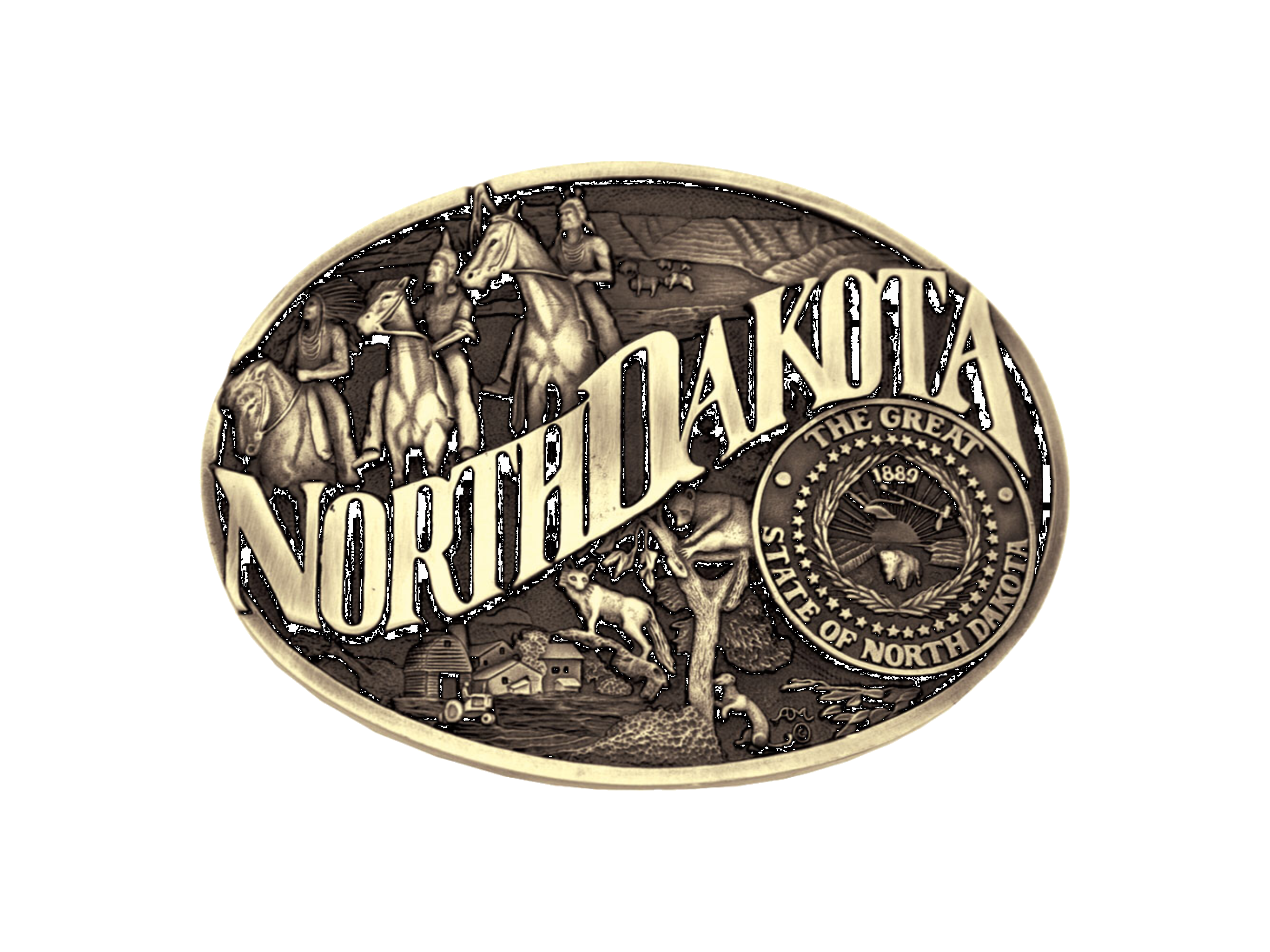 Antiqued brass colored Attitude buckle North Dakota state and symbols. Standard 1.5 belt swivel. Available online and in our shop in Smyrna, TN, just outside of Nashville.