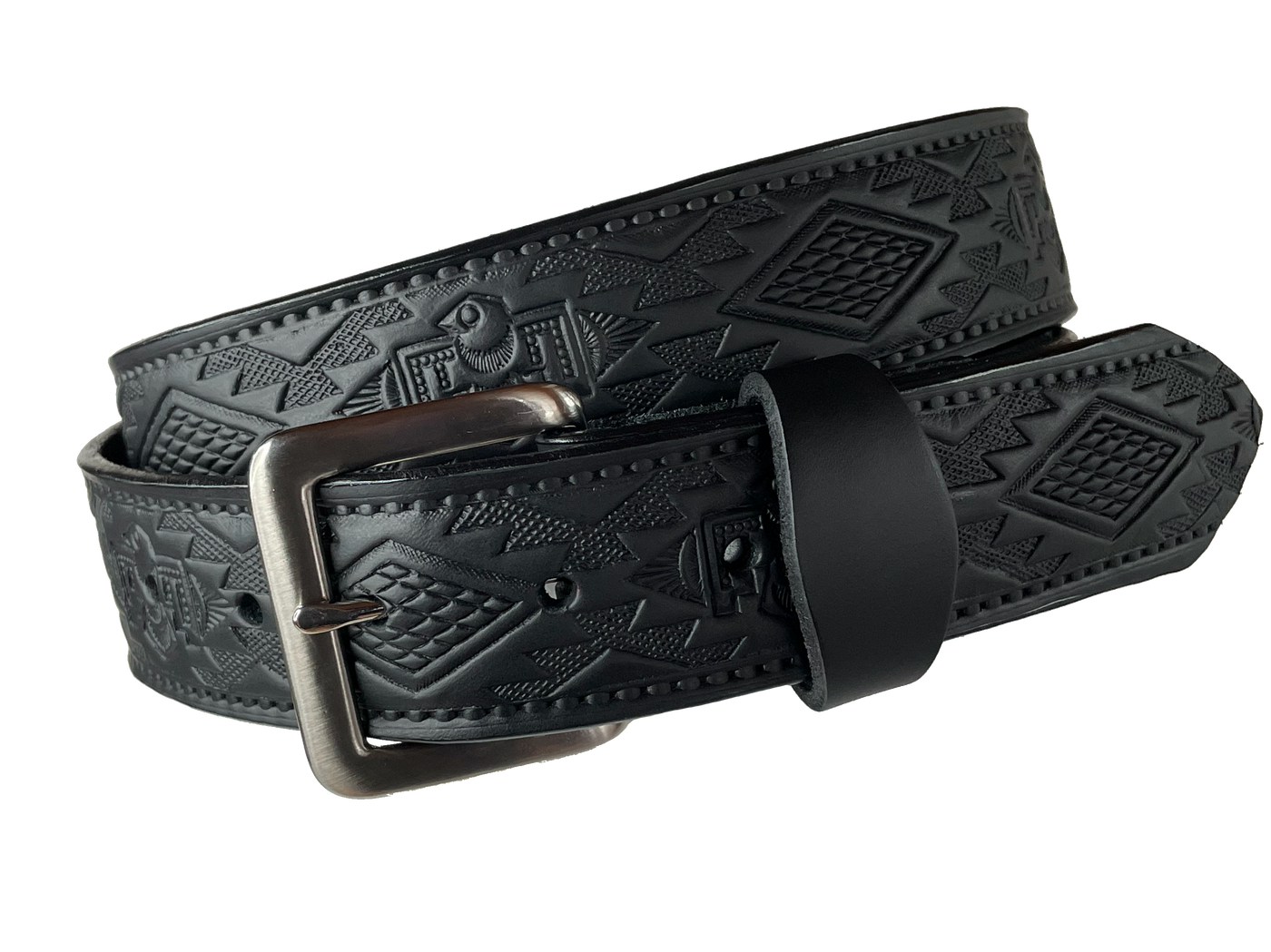 he Holliday has a Southwest design embossed onto belt Full grain American vegetable tanned cowhide approx. 1/8"thick. Width 1 1/2" and includes Antique Nickle plated Solid Brass buckle Hand Finished in 4 color options Smooth burnished painted edges Choose with or without name, if without name, design will cover entire length of belt. Black belt pictured. Made in our shop in Smyrna, TN, just outside of Nashville.