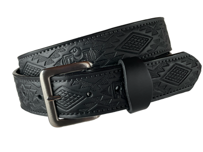 he Holliday has a Southwest design embossed onto belt Full grain American vegetable tanned cowhide approx. 1/8"thick. Width 1 1/2" and includes Antique Nickle plated Solid Brass buckle Hand Finished in 4 color options Smooth burnished painted edges Choose with or without name, if without name, design will cover entire length of belt. Black belt pictured. Made in our shop in Smyrna, TN, just outside of Nashville.