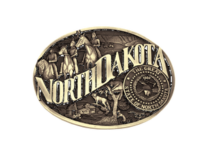 Antiqued brass colored Attitude buckle North Dakota state and symbols. Standard 1.5 belt swivel. Available online and in our shop in Smyrna, TN, just outside of Nashville.